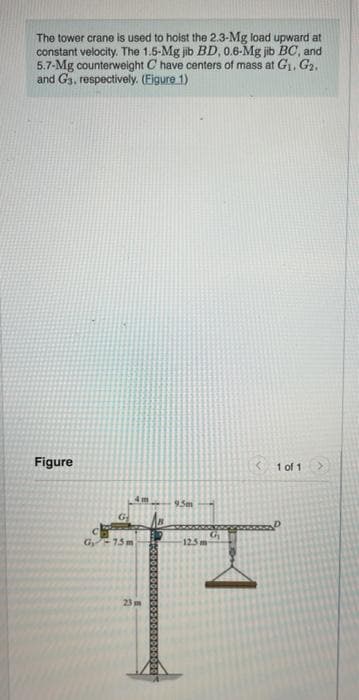 The tower crane is used to hoist the 2.3-Mg load upward at
constant velocity. The 1.5-Mg jib BD, 0.6-Mg jib BC, and
5.7-Mg counterweight C have centers of mass at G1, G2.
and G3, respectively. (Eigure 1)
Figure
1 of 1
Sem
G 15 m
12.5 m
23 m
