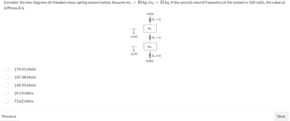 Consider the two-degrees-of-freedom mass-spring system below. Assume m₁ = 30 kg, m2 = 35 kg. If the second natural frequency of the system is 100 rad/s, the value of
stiffness k is
K₁=k
I
x₁ (t)
k₂= k
Ţ
x₂ (t)
k₂= k
174.41 kN/m
107.38 kN/m
140.93 kN/m
39.24 kN/m
73.62 kN/m
Next
O O O O O
Previous
m₁
m₂
mmm