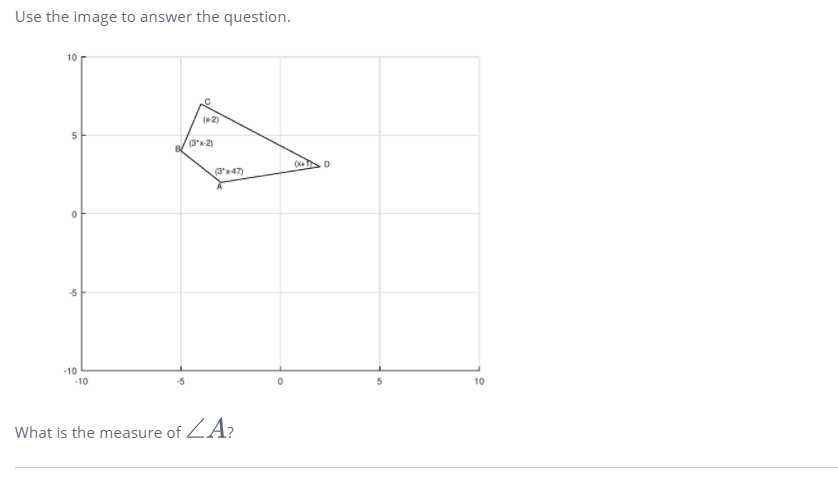 Use the image to answer the question.
10
(x2)
(3x2)
(3'x47)
-10
-10
10
What is the measure of ZA?
