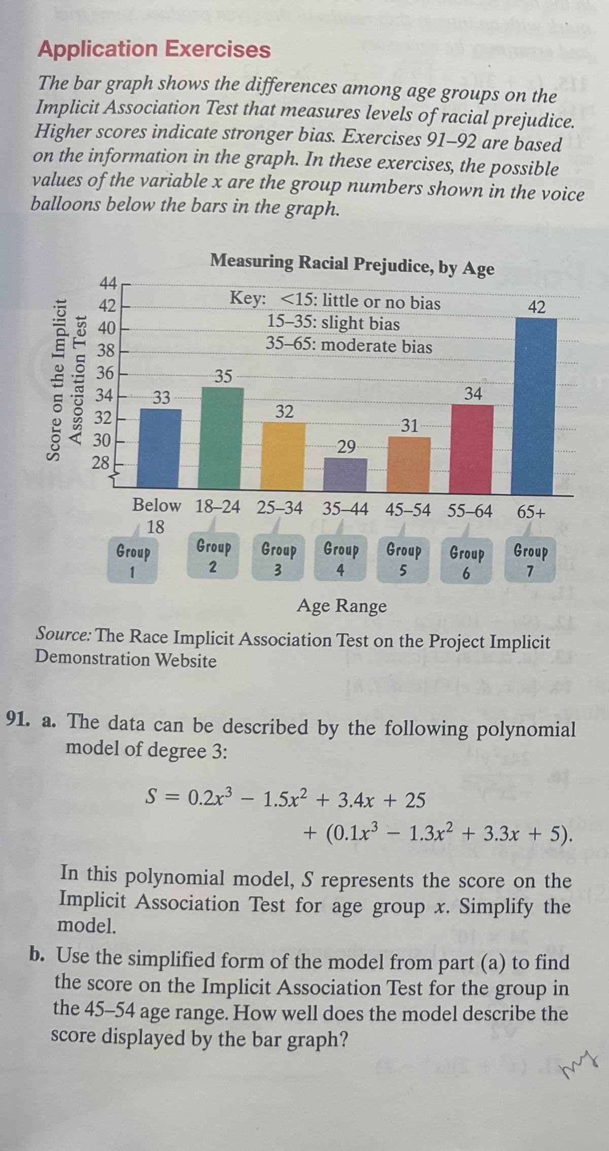 Application Exercises
The bar graph shows the differences among age groups on the
Implicit Association Test that measures levels of racial prejudice.
Higher scores indicate stronger bias. Exercises 91-92 are based
on the information in the graph. In these exercises, the possible
values of the variable x are the group numbers shown in the voice
balloons below the bars in the graph.
Score on the Implicit
Association Test
44
42
38
36
34
32
30
28
-33
Measuring Racial Prejudice, by Age
Key: <15: little or no bias
15-35: slight bias
35-65: moderate bias
Group
1
35
32
29
31
Below 18-24 25-34 35-44 45-54
18
Group Group Group Group
2
3
4
5
34
55-64
S = 0.2x³ - 1.5x² + 3.4x + 25
Group
6
42
65+
Group
7
Age Range
Source: The Race Implicit Association Test on the Project Implicit
Demonstration Website
91. a. The data can be described by the following polynomial
model of degree 3:
+ (0.1x³ - 1.3x² + 3.3x + 5).
In this polynomial model, S represents the score on the
Implicit Association Test for age group x. Simplify the
model.
b. Use the simplified form of the model from part (a) to find
the score on the Implicit Association Test for the group in
the 45-54 age range. How well does the model describe the
score displayed by the bar graph?
ту