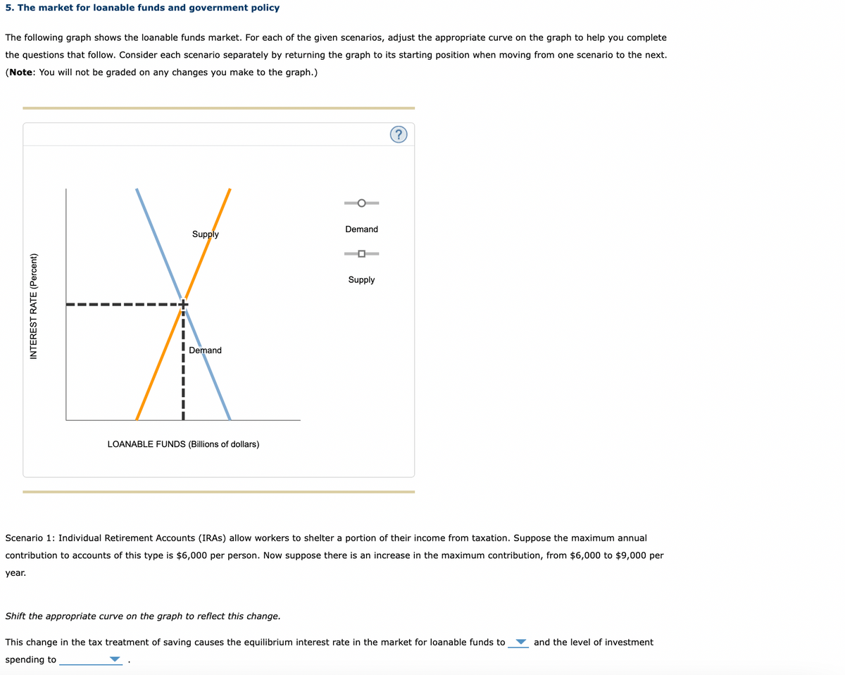 5. The market for loanable funds and government policy
The following graph shows the loanable funds market. For each of the given scenarios, adjust the appropriate curve on the graph to help you complete
the questions that follow. Consider each scenario separately by returning the graph to its starting position when moving from one scenario to the next.
(Note: You will not be graded on any changes you make to the graph.)
INTEREST RATE (Percent)
year.
||
Supply
Demand
LOANABLE FUNDS (Billions of dollars)
Demand
Scenario 1: Individual Retirement Accounts (IRAS) allow workers to shelter a portion of their income from taxation. Suppose the maximum annual
contribution to accounts of this type is $6,000 per person. Now suppose there is an increase in the maximum contribution, from $6,000 to $9,000 per
Shift the appropriate curve on the graph to reflect this change.
Supply
This change in the tax treatment of saving causes the equilibrium interest rate in the market for loanable funds to
spending to
and the level of investment