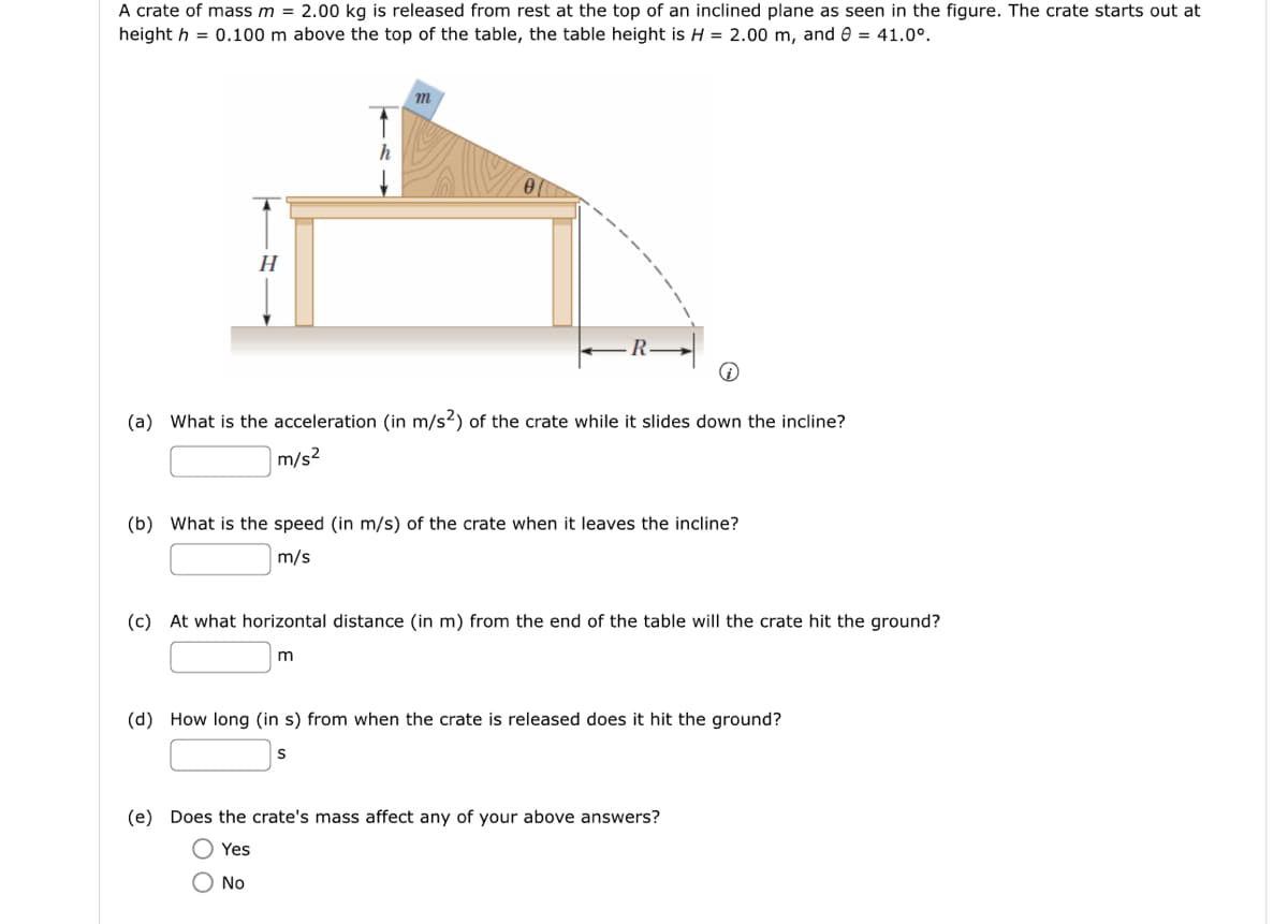 A crate of mass m = 2.00 kg is released from rest at the top of an inclined plane as seen in the figure. The crate starts out at
height = 0.100 m above the top of the table, the table height is H = 2.00 m, and 0 = 41.0⁰.
H
↑
h
i
(a) What is the acceleration (in m/s2) of the crate while it slides down the incline?
m/s²
m
(b) What is the speed (in m/s) of the crate when it leaves the incline?
m/s
(c) At what horizontal distance (in m) from the end of the table will the crate hit the ground?
m
O No
(d) How long (in s) from when the crate is released does it hit the ground?
S
(e) Does the crate's mass affect any of your above answers?
Yes