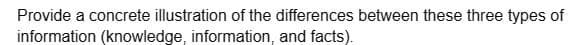 Provide a concrete illustration of the differences between these three types of
information (knowledge, information, and facts).