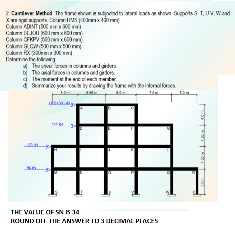 2. Cantilever Method: The frame shown is subjected to lateral loads as shown. Supports S, T, U V, W and
X are rigid supports. Column HMS (400mm x 400 mm)
Column ADINT (500 mm x 600 mm)
Column BEJOU (600 mm x 600 mm)
Column CFKPV (500 mm x 600 mm)
Column GLQW (500 mm x 500 mm)
Column RX (300mm x 300 mm)
Determine the following.
a) The shear forces in columns and girders.
b) The axial forces in columns and girders.
c) The moment at the end of each member.
d) Summarize your results by drawing the frame with the internal forces.
5.0 m
5.50 m
6.0 m
7.0 m
5.0 m
(1bo+SN) KN >
144 KN
E
120 KN
K
_96 IN
M
N
R.
THE VALUE OF SN IS 34
ROUND OFF THE ANSWER TO 3 DECIMAL PLACES
5.0 m
4.50 m
4.20 m 4.0 m
