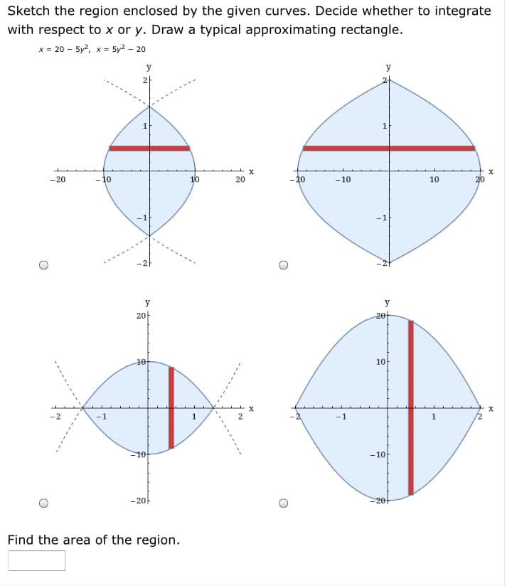 Sketch the region enclosed by the given curves. Decide whether to integrate
with respect to x or y. Draw a typical approximating rectangle.
x = 20 - 5y?, x = 5y2 – 20
y
y
21
-20
- 10
10
20
-20
- 10
10
-1
-1
y
y
20-
201
10
10
-2
2
-1
1
2
-10
-10
-20-
-201
Find the area of the region.
