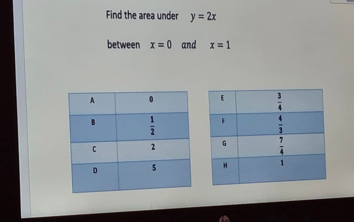 Find the area under y = 2x
between x = 0 and
x = 1
A
1
F
2
H.
3144 I3
BA
