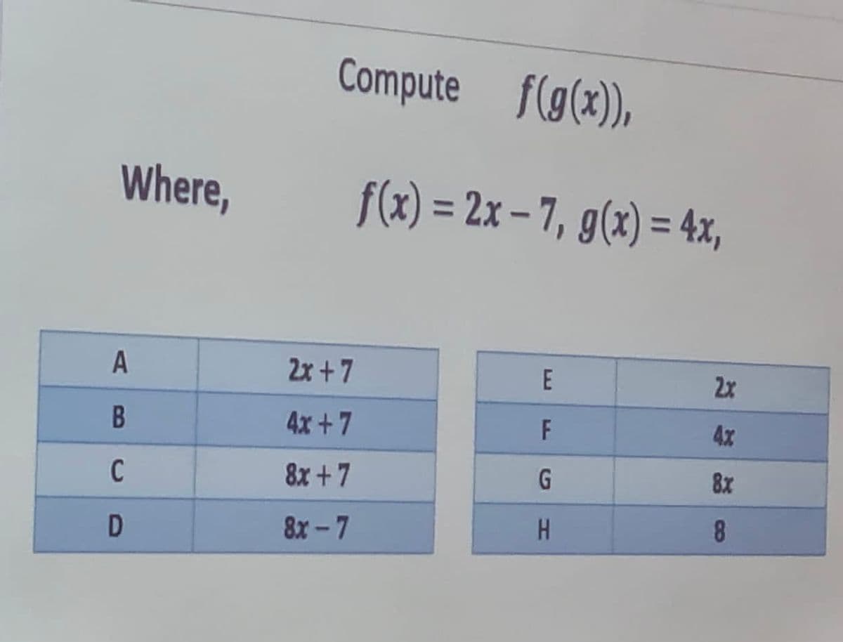 Compute f(g(x),
Where,
f(x) = 2x – 7, g(x) = 4x,
%3D
A
2x +7
2x
4x+7
F
4x
C
8x +7
G.
8x
8x-7
H
8.
