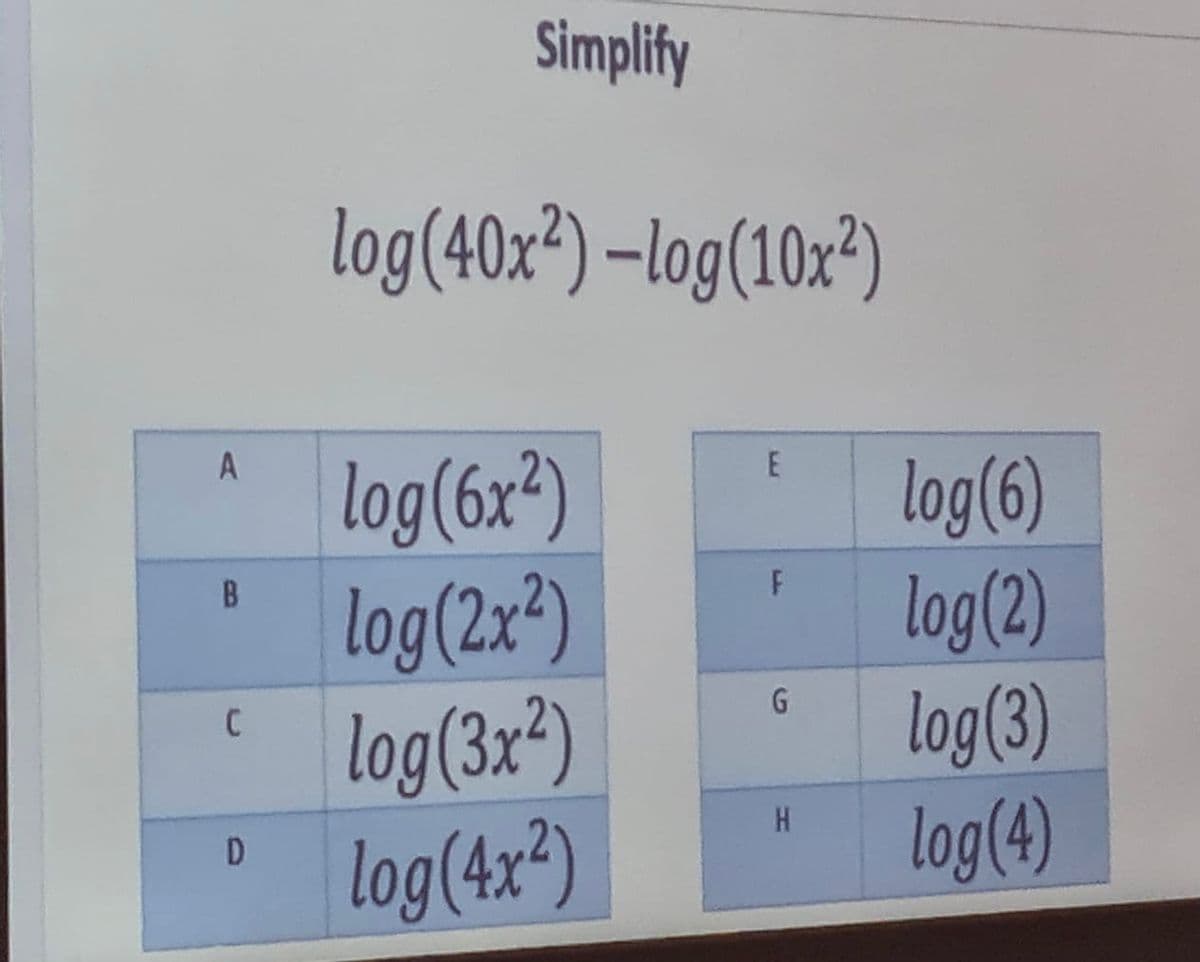 Simplify
log(40x²) –log(10x")
log(6x²)
log(2x²)
log(3x²)
log(4x²)
log(6)
log(2)
log(3)
log(4)
B
D
