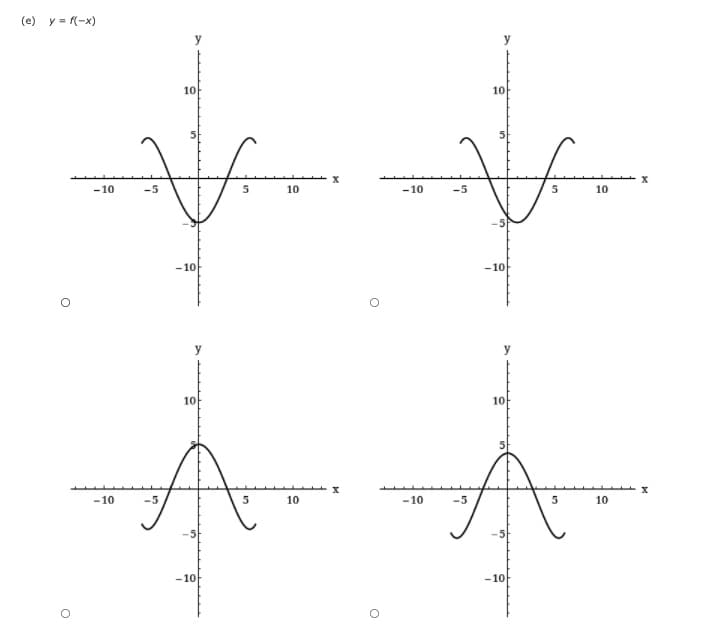 (e) y = (-x)
10
10
5
-10
-5
10
-10
-5
10
- 10
-10
10
10
-10
-5
10
-10
10
-10
-10
in
