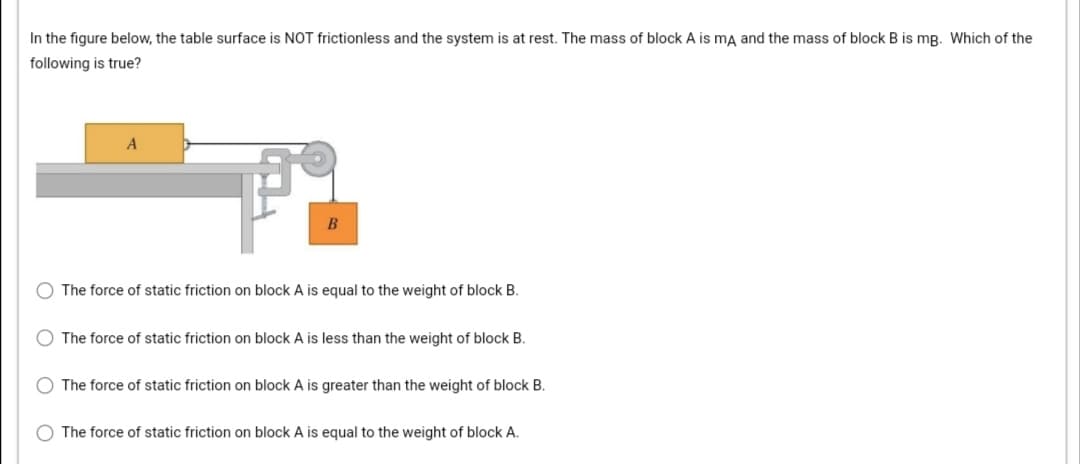 In the figure below, the table surface is NOT frictionless and the system is at rest. The mass of block A is ma and the mass of block B is mg. Which of the
following is true?
B
O The force of static friction on block A is equal to the weight of block B.
O The force of static friction on block A is less than the weight of block B.
O The force of static friction on block A is greater than the weight of block B.
O The force of static friction on block A is equal to the weight of block A.
O O
