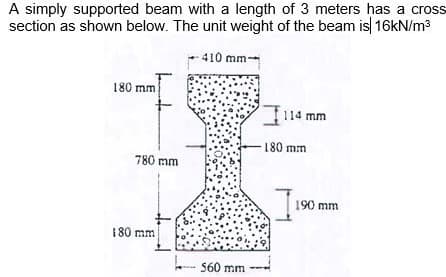 A simply supported beam with a length of 3 meters has a cross
section as shown below. The unit weight of the beam is| 16KN/m3
410 mm-
180 mm
114 mm
-180 mm
780 mm
190 mm
180 mm
560 mm
