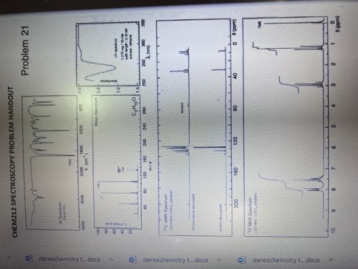 stereochemistry t...docx
stereochemistry t....docx
3
stereochemistry t....docx
CHEM212 SPECTROSCOPY PROBLEM HANDOUT
R Spectrum
1100
1200
800
Mass Spectrum
C₂H100
4000
pa
88888
20
3000
40
C NMR Spectrum
(203, CDC,
sance co
decoupled
10
200
HNMR Spectrum
1199 MDC), che
9
1161
80
2000
v (cm
M
KH
120
160
m/e
160
1600
200 240 280
1
120
80
4
0.0P
0.5
1.0
1.5
absorbance
200
3
Problem 21
UV spectrum
1.075 mg/10m
path length: 0.1cm
ventand
300
40
350
08 (ppm)
TMS
8 (ppm)
250
λ (nm)
2