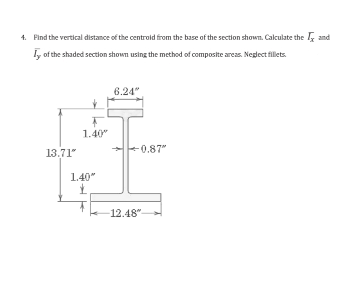 4. Find the vertical distance of the centroid from the base of the section shown. Calculate the I, and
Iy of the shaded section shown using the method of composite areas. Neglect fillets.
6.24"
1.40"
13.71"
0.87"
1.40"
12.48"-
