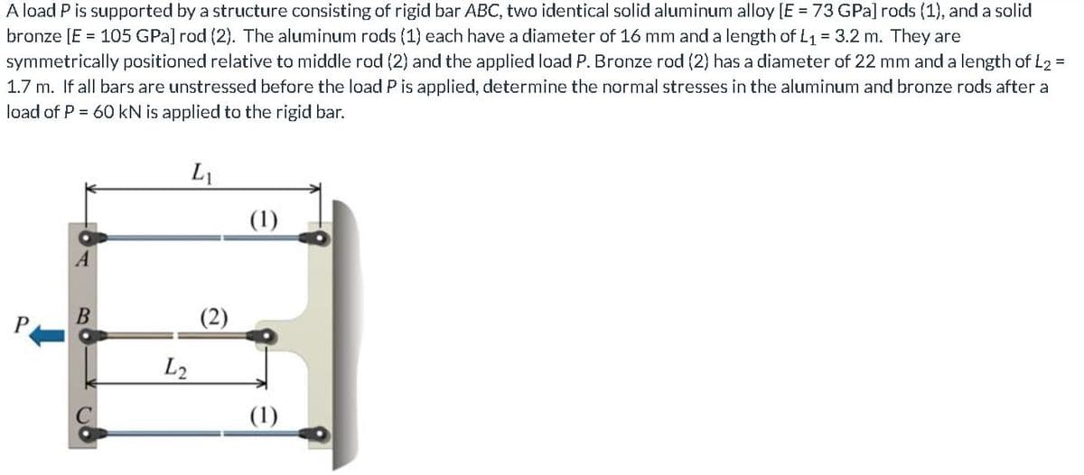 A load P is supported by a structure consisting of rigid bar ABC, two identical solid aluminum alloy [E = 73 GPa] rods (1), and a solid
bronze [E = 105 GPa] rod (2). The aluminum rods (1) each have a diameter of 16 mm and a length of L1 = 3.2 m. They are
symmetrically positioned relative to middle rod (2) and the applied load P. Bronze rod (2) has a diameter of 22 mm and a length of L2 =
1.7 m. If all bars are unstressed before the load P is applied, determine the normal stresses in the aluminum and bronze rods after a
load of P = 60 kN is applied to the rigid bar.
L1
(1)
(2)
L2
(1)
