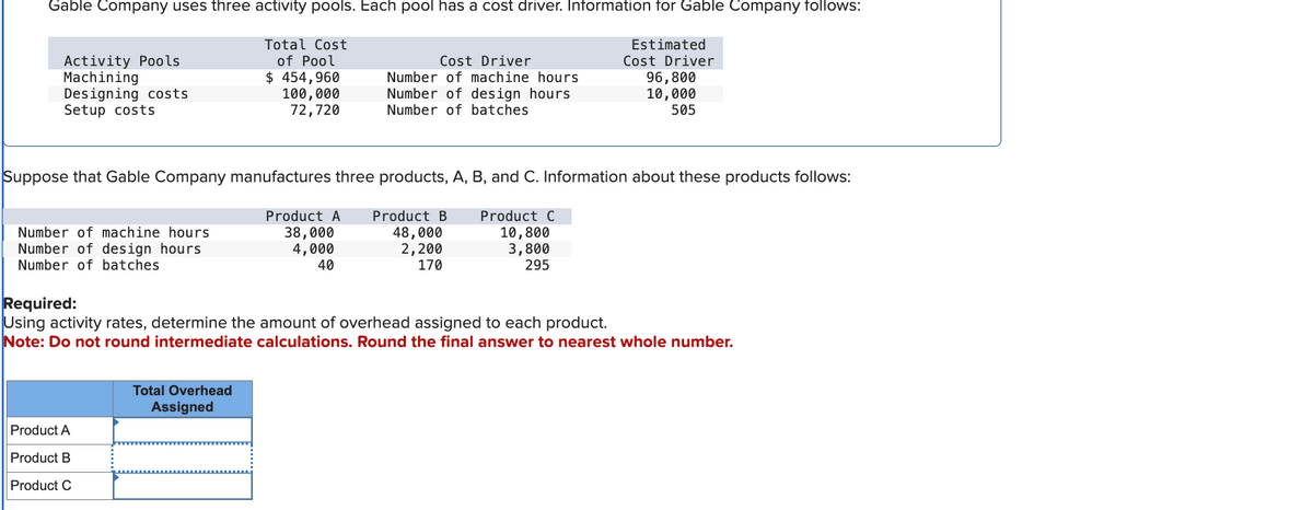 Gable Company uses three activity pools. Each pool has a cost driver. Information for Gable Company follows:
Total Cost
of Pool
$ 454,960
100,000
72,720
Estimated
Cost Driver
96,800
10,000
505
Activity Pools
Machining
Designing costs
Setup costs
Suppose that Gable Company manufactures three products, A, B, and C. Information about these products follows:
Product A Product B
38,000
4,000
40
Number of machine hours
Number of design hours
Number of batches
Cost Driver
Number of machine hours
Number of design hours
Number of batches
Product A
Product B
Product C
Total Overhead
Assigned
48,000
2,200
170
Required:
Using activity rates, determine the amount of overhead assigned to each product.
Note: Do not round intermediate calculations. Round the final answer to nearest whole number.
Product C
10,800
3,800
295