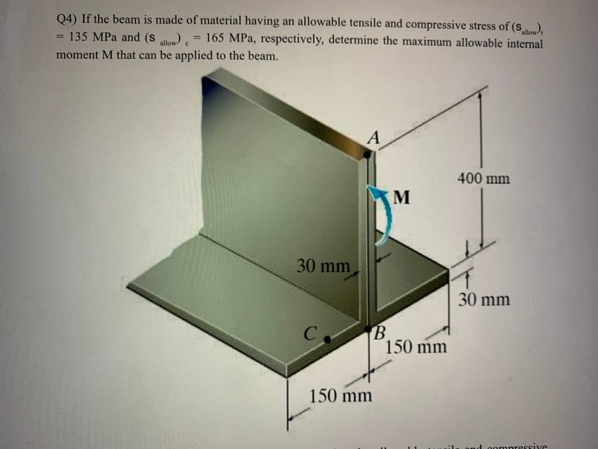 04) If the beam is made of material having an allowable tensile and compressive stress of (so),
135 MPa and (S allow)e
allow
= 165 MPa, respectively, determine the maximum allowable internal
moment M that can be applied to the beam.
A
400 mm
M
30 mm
30 mm
B
150 mm
150 mm
ompressive
