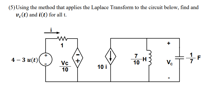 (5) Using the method that applies the Laplace Transform to the circuit below, find and
v.(t) and i(t) for all t.
1
4 — 3 и(t)
7
-H-
Vc
Vc
10
10 i
