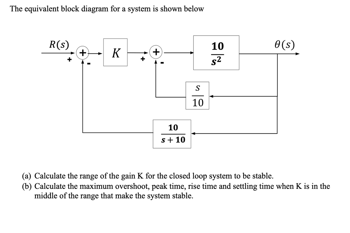 The equivalent block diagram for a system is shown below
R(s)
+
K
+
10
s + 10
S
10
10
S²
0 (s)
(a) Calculate the range of the gain K for the closed loop system to be stable.
(b) Calculate the maximum overshoot, peak time, rise time and settling time when K is in the
middle of the range that make the system stable.