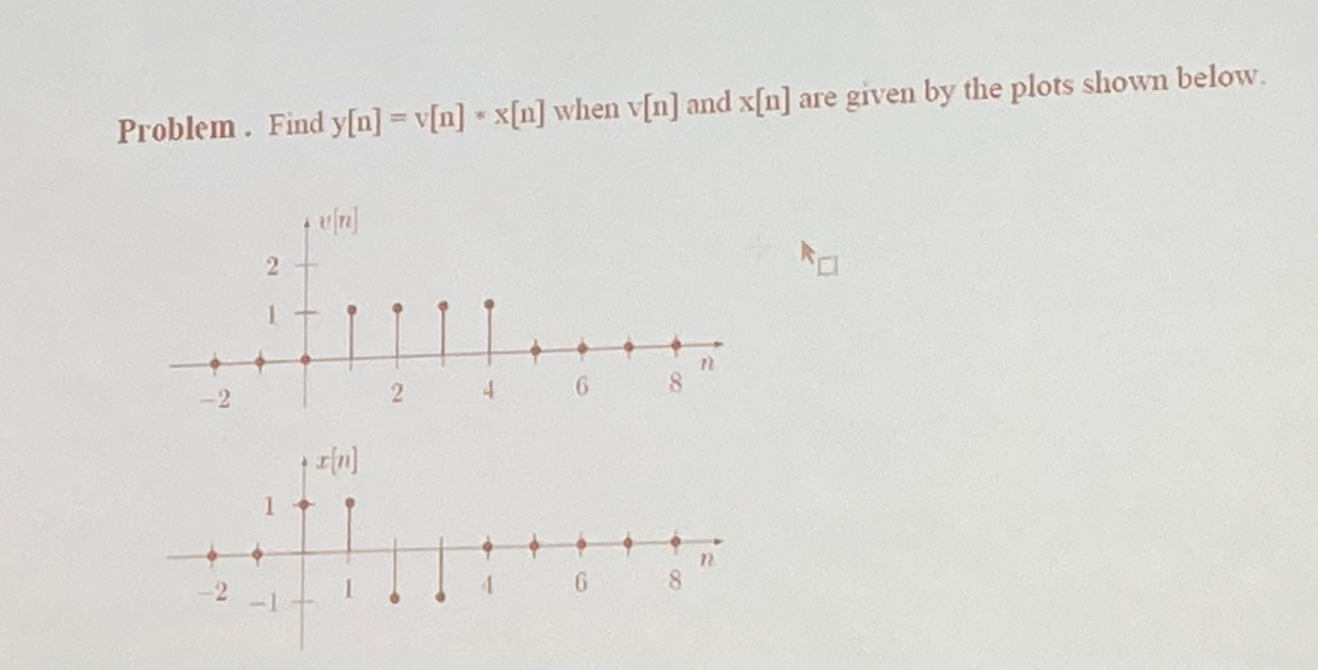 Problem. Find y[n] = v[n] - x[n] when v[n] and x[n] are given by the plots shown below.
-2
-2
2
1
11
2
1
!!
4
6
6
8
8
n