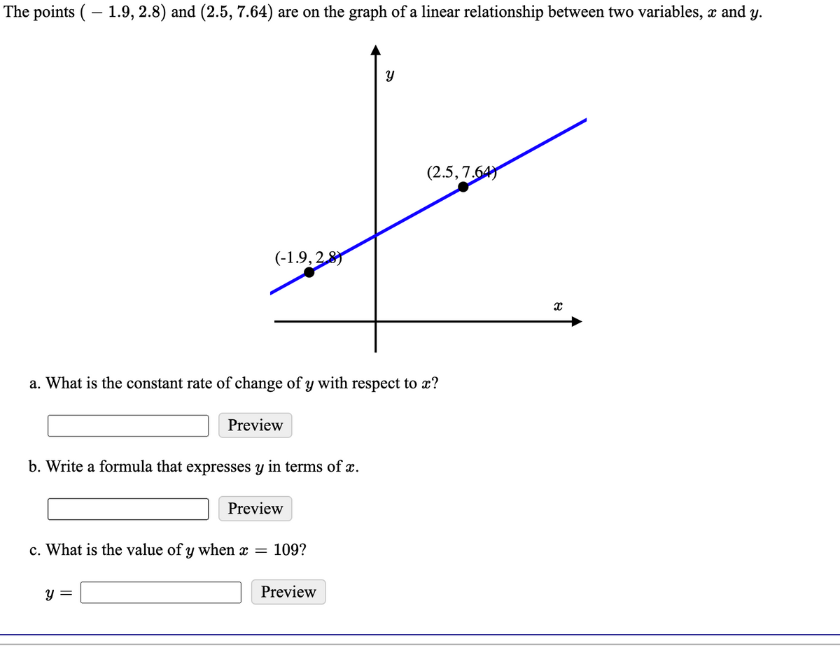 The points ( – 1.9, 2.8) and (2.5, 7.64) are on the graph of a linear relationship between two variables, x and y.
(2.5, 7.647
(-1.9, 2 8
a. What is the constant rate of change of y with respect to x?
Preview
b. Write a formula that expresses y in terms of x.
Preview
c. What is the value of y when
109?
y =
Preview
