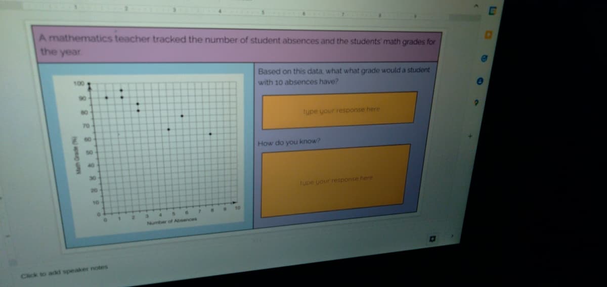 A mathematics teacher tracked the number of student absences and the students' math grades for
the year
Based on this data, what what grade would a student
with 10 absences have?
100
90
80-
type your response here
70
50
How do you know?
40
30
20
type your response here
10
Number of Absences
Click to add speaker notes
8 8 R 8
apeo u
