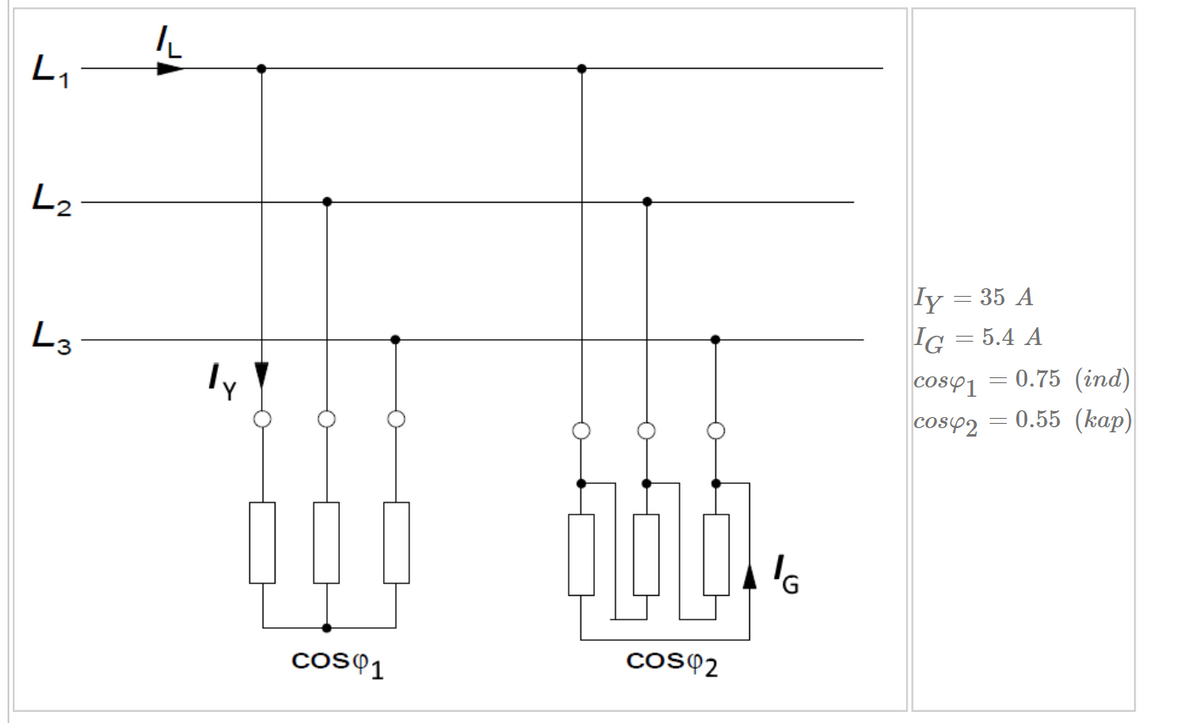 L₁
ん
L2
L3
=
COSQ1
COS$2
y = 35 A
IG = 5.4 A
=
cos 1 0.75 (ind)
cos42
=
0.55 (kap)