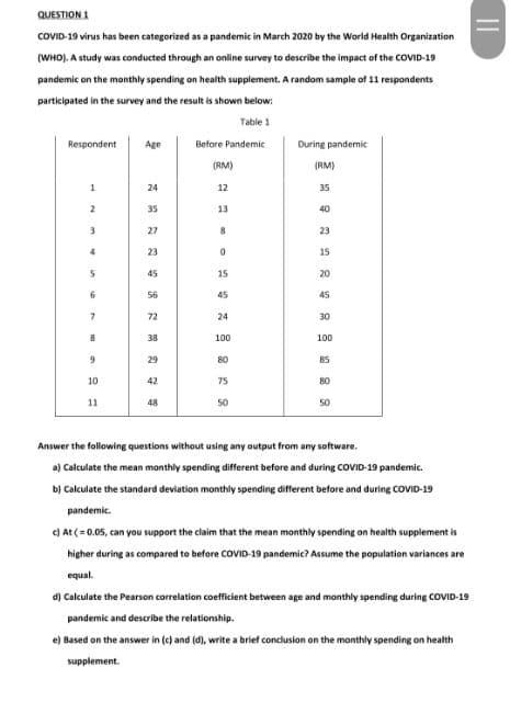 QUESTION 1
COVID-19 virus has been categorized as a pandemic in March 2020 by the World Health Organization
(WHO). A study was conducted through an online survey to describe the impact of the COVID-19
pandemic on the monthly spending on health supplement. A random sample of 11 respondents
participated in the survey and the result is shown below:
Table 1
Before Pandemic
Respondent
1
2
3
4
8
9
10
11
Age
24
35
27
23
45
56
72
38
29
42
48
(RM)
23
12
13
8
0
15
45
24
100
80
75
50
During pandemic
(RM)
35
40
23
15
20
45
30
100
85
80
50
Answer the following questions without using any output from any software.
a) Calculate the mean monthly spending different before and during COVID-19 pandemic.
b) Calculate the standard deviation monthly spending different before and during COVID-19
pandemic.
c) At (= 0.05, can you support the claim that the mean monthly spending on health supplement is
higher during as compared to before COVID-19 pandemic? Assume the population variances are
equal.
d) Calculate the Pearson correlation coefficient between age and monthly spending during COVID-19
pandemic and describe the relationship.
e) Based on the answer in (c) and (d), write a brief conclusion on the monthly spending on health
supplement.
||