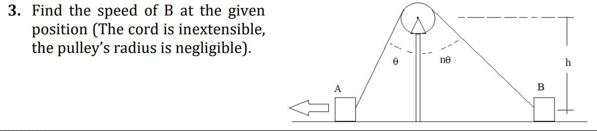 3. Find the speed of B at the given
position (The cord is inextensible,
the pulley's radius is negligible).
ne
A
В
