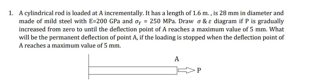 1. A cylindrical rod is loaded at A incrementally. It has a length of 1.6 m. , is 28 mm in diameter and
made of mild steel with E=200 GPa and oy = 250 MPa. Draw o & ɛ diagram if P is gradually
increased from zero to until the deflection point of A reaches a maximum value of 5 mm. What
will be the permanent deflection of point A, if the loading is stopped when the deflection point of
A reaches a maximum value of 5 mm.
A
P
