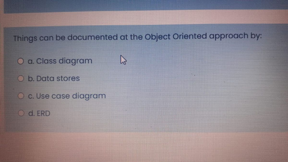 Things can be documented at the Object Criented approach by:
O a. Class diagram
O b. Data stores
O c. Use case diagram
O d. ERD
