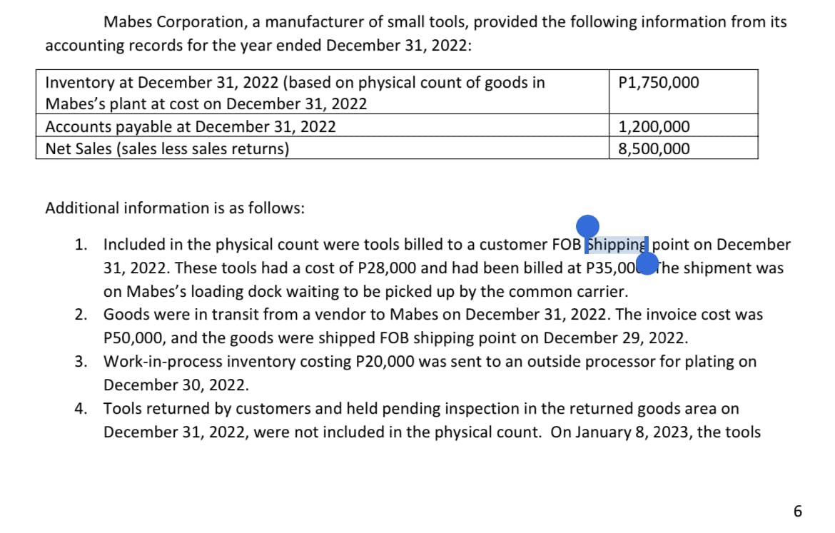 Mabes Corporation, a manufacturer of small tools, provided the following information from its
accounting records for the year ended December 31, 2022:
Inventory at December 31, 2022 (based on physical count of goods in
Mabes's plant at cost on December 31, 2022
Accounts payable at December 31, 2022
Net Sales (sales less sales returns)
P1,750,000
1,200,000
8,500,000
Additional information is as follows:
1. Included in the physical count were tools billed to a customer FOB Shipping point on December
31, 2022. These tools had a cost of P28,000 and had been billed at P35,000 the shipment was
on Mabes's loading dock waiting to be picked up by the common carrier.
2. Goods were in transit from a vendor to Mabes on December 31, 2022. The invoice cost was
P50,000, and the goods were shipped FOB shipping point on December 29, 2022.
3. Work-in-process inventory costing P20,000 was sent to an outside processor for plating on
December 30, 2022.
4. Tools returned by customers and held pending inspection in the returned goods area on
December 31, 2022, were not included in the physical count. On January 8, 2023, the tools
6