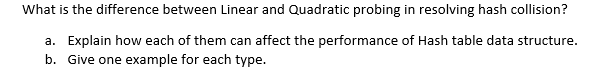 What is the difference between Linear and Quadratic probing in resolving hash collision?
a. Explain how each of them can affect the performance of Hash table data structure.
b. Give one example for each type.
