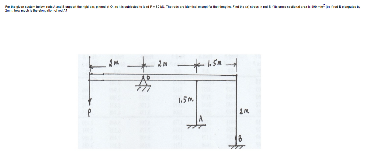 For the given system below, rods A and B support the rigid bar, pinned at O, as it is subjected to load P = 50 kN. The rods are identical except for their lengths. Find the (a) stress in rod B if its cross sectional area is 400 mm- (b) If rod B elongates by
2mm, how much is the elongation of rod A?
2 m
2 m
1.Sm
A
