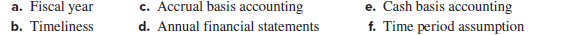 a. Fiscal year
c. Accrual basis accounting
e. Cash basis accounting
b. Timeliness
d. Annual financial statements
f. Time period assumption
