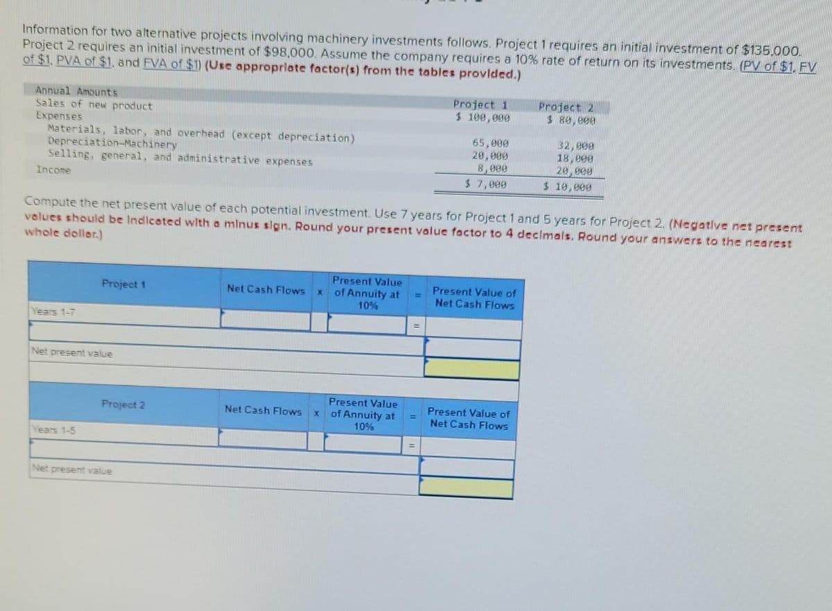 Information for two alternative projects involving machinery investments follows. Project 1 requires an initial investment of $135,000.
Project 2 requires an initial investment of $98,000. Assume the company requires a 10% rate of return on its investments. (PV of $1. FV
of $1, PVA of $1. and FVA of $1) (Use appropriate factor(s) from the tables provided.)
Annual Amounts
Sales of new product
Expenses
Materials, labor, and overhead (except depreciation)
Depreciation-Machinery
Selling, general, and administrative expenses
Income
Years 1-7
Project 1
Net present value
Years 1-5
Compute the net present value of each potential investment. Use 7 years for Project 1 and 5 years for Project 2. (Negative net present
values should be indicated with a minus sign. Round your present value factor to 4 decimals. Round your answers to the nearest
whole dollar.)
Project 2
Net present value
Net Cash Flows
Net Cash Flows
X
x
Present Value
of Annuity at
10%
Project 1
$ 100,000
Present Value
of Annuity at
10%
65,000
20,000
8,000
$ 7,099
Present Value of
Net Cash Flows
Project 2
$ 80,000
Present Value of
Net Cash Flows
32,898
18,090
29,898
$ 10,000