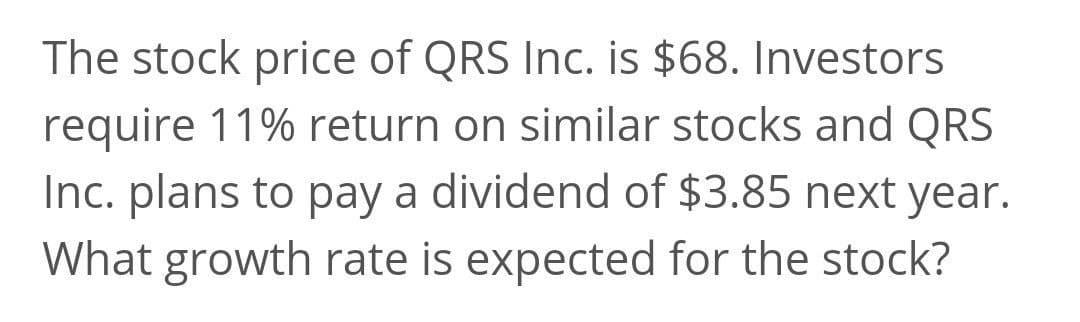 The stock price of QRS Inc. is $68. Investors
require 11% return on similar stocks and QRS
Inc. plans to pay a dividend of $3.85 next year.
What growth rate is expected for the stock?
