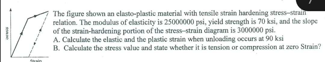 The figure shown an elasto-plastic material with tensile strain hardening stress-strain
relation. The modulus of elasticity is 25000000 psi, yield strength is 70 ksi, and the slope
of the strain-hardening portion of the stress-strain diagram is 3000000 psi.
A. Calculate the elastic and the plastic strain when unloading occurs at 90 ksi
B. Calculate the stress value and state whether it is tension or compression at zero Strain?
Strain
