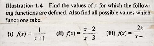 Illustration 1.4 Find the values of .x for which the follow-
ing functions are defined. Also find all possible values which
functions take.
(i) f(x) =
1
x+1
(ii) f(x) =
x-2
x-3
(iii) f(x) =
2x
x-1