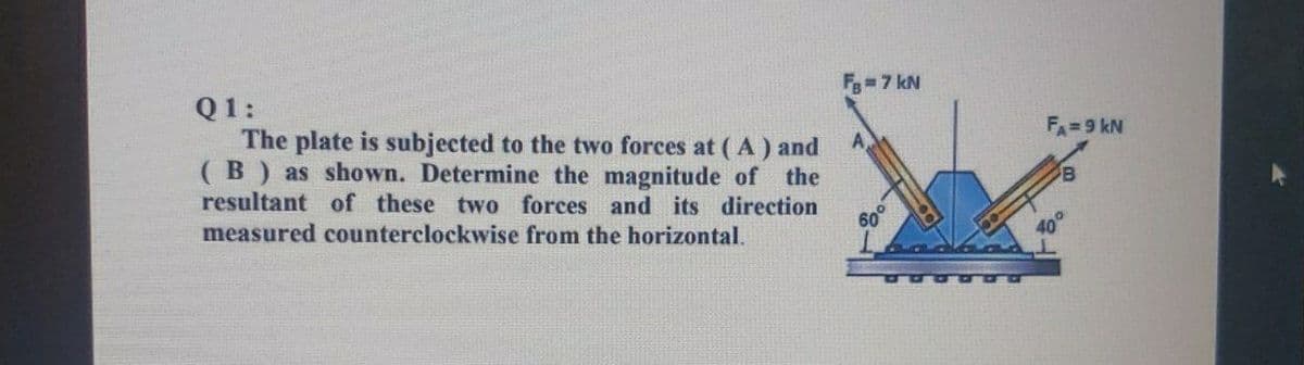 Fg 7 kN
Q1:
The plate is subjected to the two forces at ( A ) and
(B) as shown. Determine the magnitude of
resultant of these two forces and its direction
measured counterclockwise from the horizontal.
FA=9 kN
A
the
60
