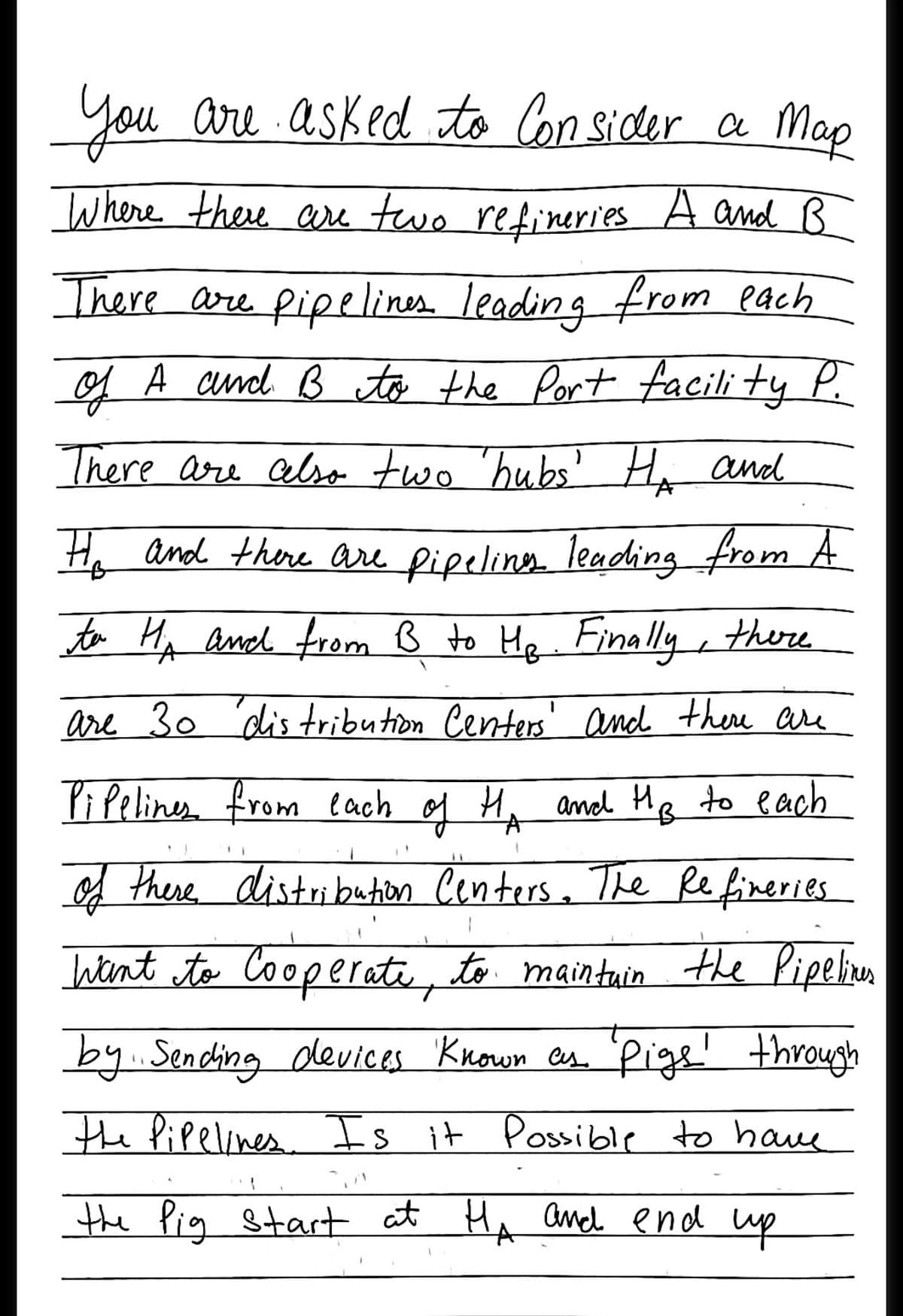 you are asked to Con sider a Map
Iwhere there are two refineries A and B
There are pipelines. leading from each
of A cund B to the Port facili ty P.
There are alss two bubs'Ha
and
Hy and there are pipelina leading from A
to Hy and from B to He Finally , there
are 30 distribution Centers' and there are
PiPelines from each
of Hi amed He to each
f there distribaton Centers. The Refineries
Intint to Cooperate, n
to maintuin
the Pipelien
by..Sending devices Krown es 'Pige! through
the Pipelines Is it Possible to have
the Pig Start at Hi amel end up
