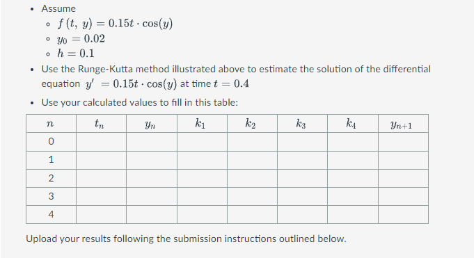 Assume
f (t, y) = 0.15t - cos(y)
• yo = 0.02
o h = 0.1
Use the Runge-Kutta method illustrated above to estimate the solution of the differential
equation y = 0.15t · cos(y) at time t = 0.4
• Use your calculated values to fill in this table:
tn
Yn
ki
k2
k3
k4
Yn+1
1
3
Upload your results following the submission instructions outlined below.
