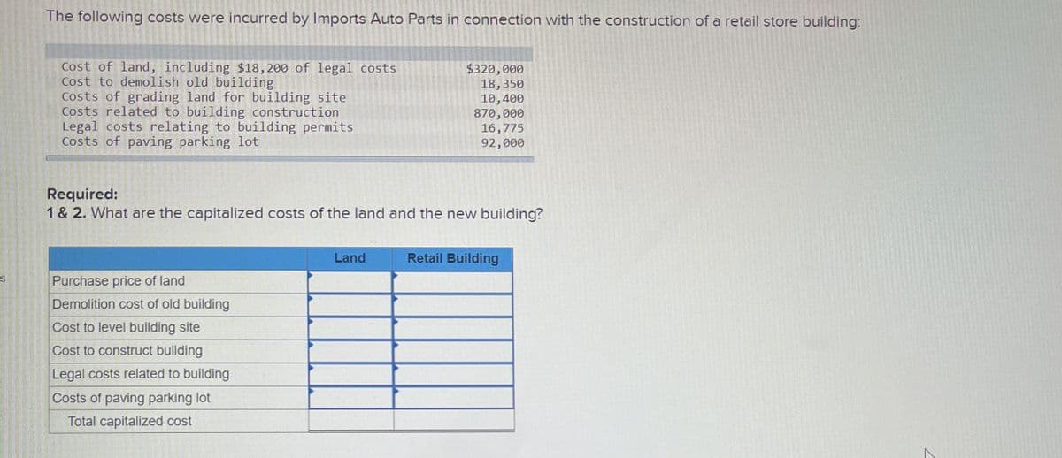 The following costs were incurred by Imports Auto Parts in connection with the construction of a retail store building:
Cost of land, including $18,200 of legal costs
Cost to demolish old building
Costs of grading land for building site
Costs related to building construction
Legal costs relating to building permits
Costs of paving parking lot
$320,000
18,350
10,400
870,000
16,775
92,000
Required:
1 & 2. What are the capitalized costs of the land and the new building?
S
Purchase price of land
Demolition cost of old building
Cost to level building site
Cost to construct building
Legal costs related to building
Costs of paving parking lot
Total capitalized cost
Land
Retail Building