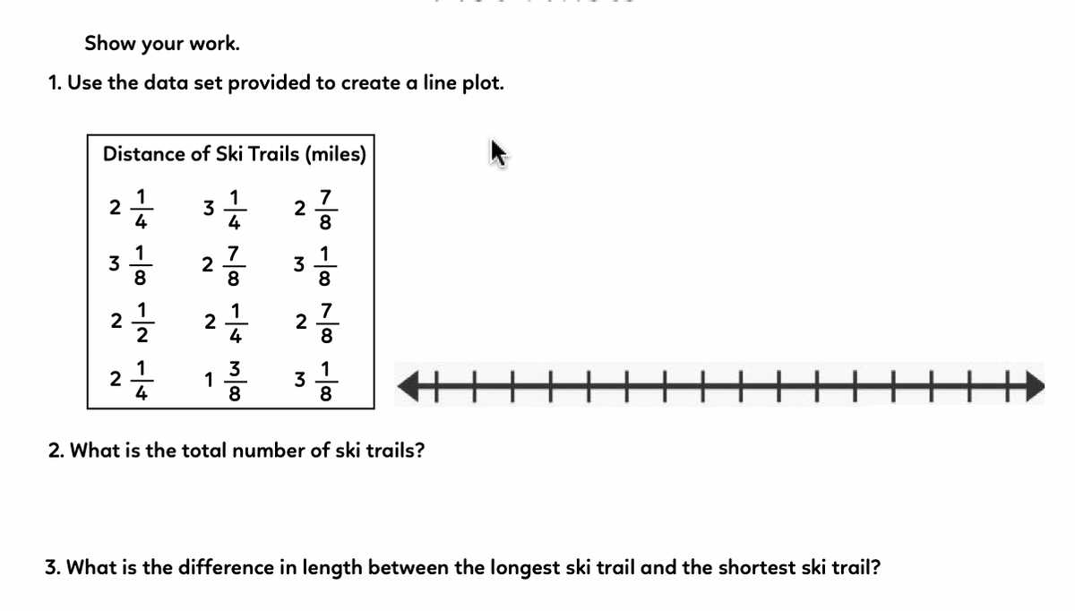 Show your work.
1. Use the data set provided to create a line plot.
Distance of Ski Trails (miles)
7
2
8
4
3공
8
1
7
1
3
8
8
1
2
1
2
4
7
2
8
1
3
1
8
1
3
8
2. What is the total number of ski trails?
3. What is the difference in length between the longest ski trail and the shortest ski trail?
