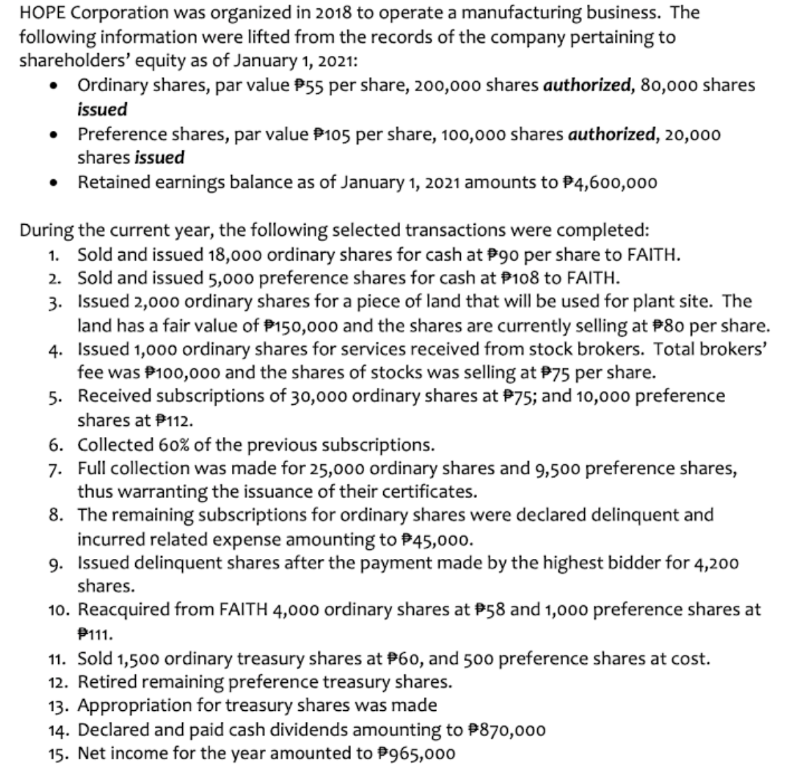 HOPE Corporation was organized in 2018 to operate a manufacturing business. The
following information were lifted from the records of the company pertaining to
shareholders' equity as of January 1, 2021:
• Ordinary shares, par value P55 per share, 200,000 shares authorized, 80,000 shares
issued
Preference shares, par value P105 per share, 100,000 shares authorized, 20,000
shares issued
• Retained earnings balance as of January 1, 2021 amounts to P4,600,000
During the current year, the following selected transactions were completed:
1. Sold and issued 18,000 ordinary shares for cash at P90 per share to FAITH.
2. Sold and issued 5,000 preference shares for cash at P108 to FAITH.
3. Issued 2,000 ordinary shares for a piece of land that will be used for plant site. The
land has a fair value of P150,000 and the shares are currently selling at P80 per share.
4. Issued 1,000 ordinary shares for services received from stock brokers. Total brokers'
fee was P100,00o and the shares of stocks was selling at P75 per share.
5. Received subscriptions of 30,000 ordinary shares at P75; and 10,000 preference
shares at P112.
6. Collected 60% of the previous subscriptions.
7. Full collection was made for 25,000 ordinary shares and 9,500 preference shares,
thus warranting the issuance of their certificates.
8. The remaining subscriptions for ordinary shares were declared delinquent and
incurred related expense amounting to P45,000.
9. Issued delinquent shares after the payment made by the highest bidder for 4,200
shares.
10. Reacquired from FAITH 4,000 ordinary shares at #58 and 1,000 preference shares at
P111.
11. Sold 1,500 ordinary treasury shares at P60, and 500 preference shares at cost.
12. Retired remaining preference treasury shares.
13. Appropriation for treasury shares was made
14. Declared and paid cash dividends amounting to P870,000
15. Net income for the year amounted to P965,000
