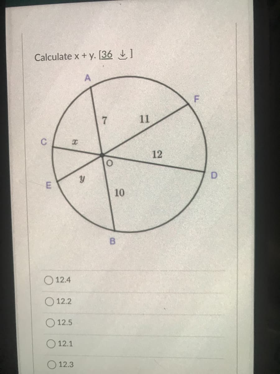 Calculate x + y. [36]
7
E
12.4
CC
12.2
12.5
12.1
12.3
Y
B
10
11
12
F
D