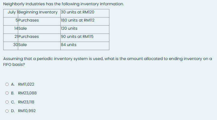 Neighborly Industries has the following inventory information.
July 1Beginning Inventory 30 units at RM120
180 units at RM112
|120 units
5Purchases
14Sale
21 Purchases
90 units at RM115
30 Sale
84 units
Assuming that a periodic inventory system is used, what is the amount allocated to ending inventory on a
FIFO basis?
O A. RMI1,022
O B. RM23,088
O C. RM23,118
O D. RM10,992
