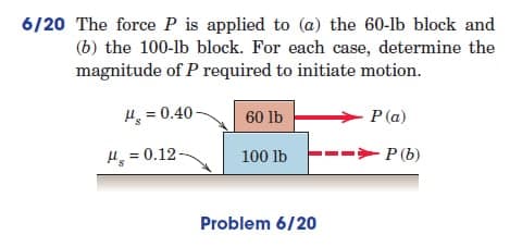 6/20 The force P is applied to (a) the 60-lb block and
(b) the 100-lb block. For each case, determine the
magnitude of P required to initiate motion.
H = 0.40-
60 lb
P (a)
100 lb -
H=0.12-
Problem 6/20
P (b)