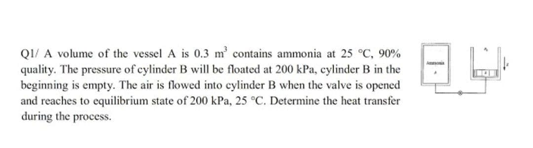 QI/ A volume of the vessel A is 0.3 m contains ammonia at 25 °C, 90%
Acaonia
quality. The pressure of cylinder B will be floated at 200 kPa, cylinder B in the
beginning is empty. The air is flowed into cylinder B when the valve is opened
and reaches to equilibrium state of 200 kPa, 25 °C. Determine the heat transfer
during the process.
