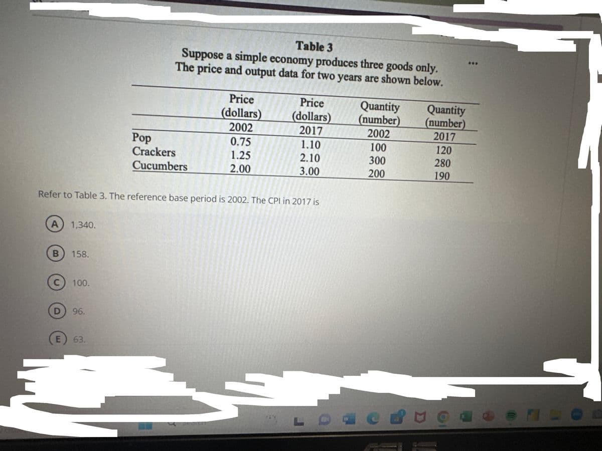 A
B
1,340.
D
158.
C) 100.
Refer to Table 3. The reference base period is 2002. The CPI in 2017 is
96.
Table 3
Suppose a simple economy produces three goods only.
The price and output data for two years are shown below.
E 63.
Pop
Crackers
Cucumbers
Price
(dollars)
2002
0.75
1.25
2.00
Price
(dollars)
2017
5
1.10
2.10
3.00
W
Quantity
(number)
2002
100
300
200
Quantity
(number)
2017
120
280
190
COMO
• L
10