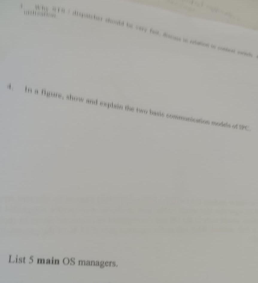 why ***/ dispatcher and be very fest, die in elation to content c
4. In a figure, show and explain the two basic communication models of IPC.
List 5 main OS managers.